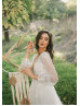 Long Sleeves Ivory Lace Tulle V Back Awesome Wedding Dress